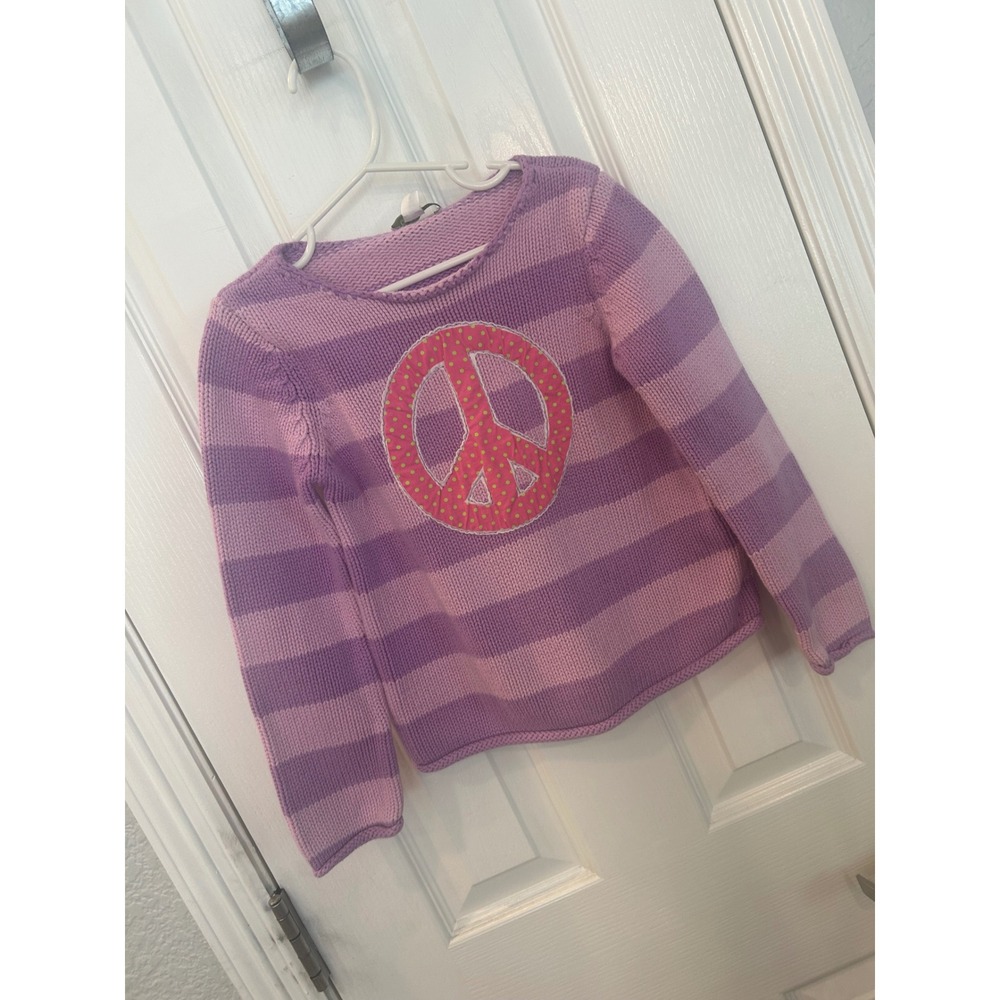 Garnet Hill‎ Sweater Purple Striped Peace Sign Applique Cotton Knit Kids bin A